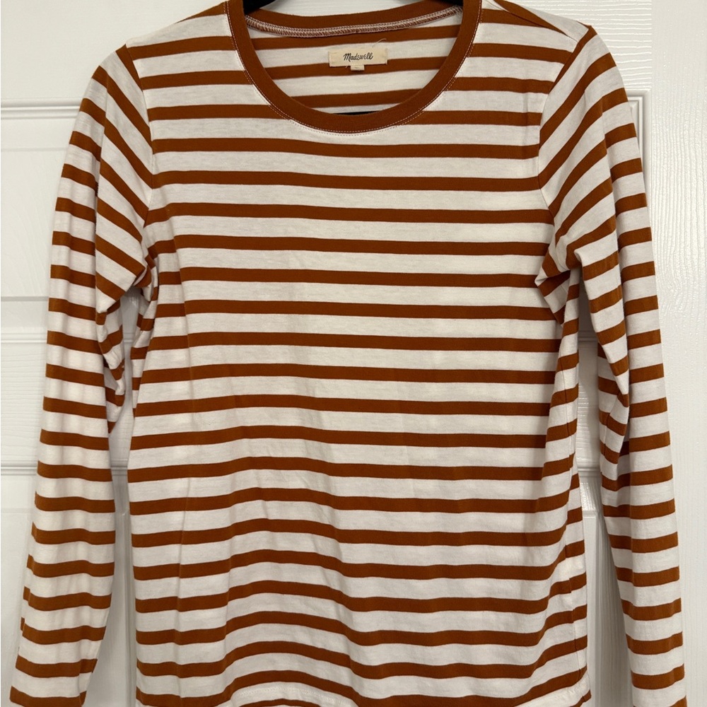 Madewell Mustard Brown and White Striped Long Sleeve Cotton Tee